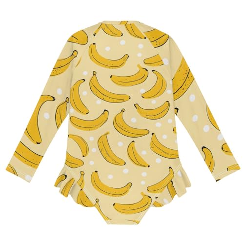 Girls One Piece Swimsuits Long Sleeve Swimsuit Zipper Bathing Suits Yellow Bananas White Dots2