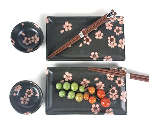 Japanbargain 4699, Japanese Sushi Set Porcelain Sushi Plates Soy Sauce Dipping Bowls And Chopsticks Gift Set, Black And Pink Color Cherry Blossom Pattern, Made In Japan #TOP3