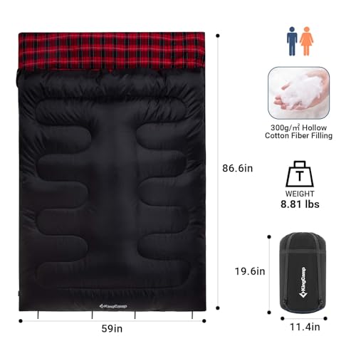 Image of KingCamp Double Sleeping Bag for Adults, Queen Size 2 Person XXL Flannel Sleeping Bag, Waterproof Lightweight Flannel Quilt with 2 Pillows, Perfect for Couples Family Camping Hiking