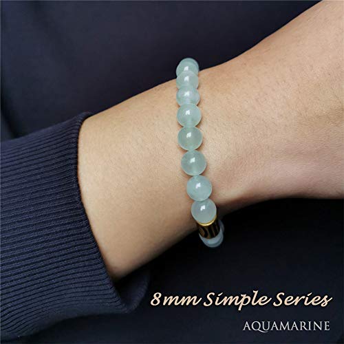 Morchic Aquamarine Quartz Crystal Gem Semi Precious Stretch Bracelet For Women Men Unisex, Real Natural Blue Gemstone 8Mm Beads, Classic Simple Design Cuff Birthday Gift Birthstone 7.5 Inch #TOP4