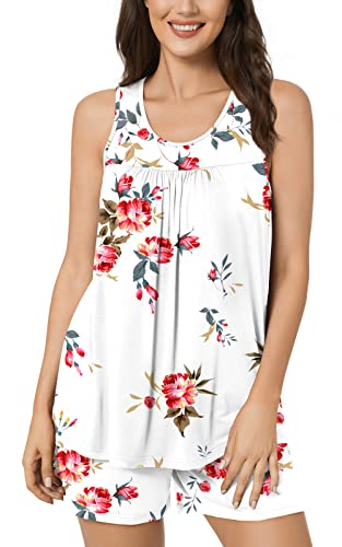 Image of POPYOUNG Pajama Set for Women Summer 2 Piece Lounge Shorts Sets Sleepwear | Womens Pajama Sets Cooling pijamas de mujer for Summer with Pockets Sleeveless Nightwear Outfits Pjs Shorts Set