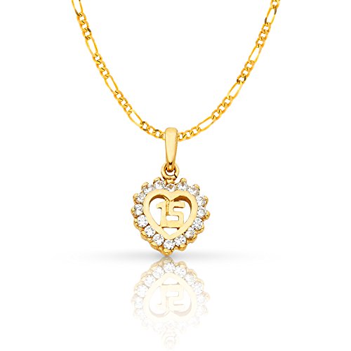14K Yellow Gold Sweet 15 Years Quinceanera Heart Cubic Zirconia CZ Charm Pendant with 1.2mm Figaro 3+1 Chain Necklace