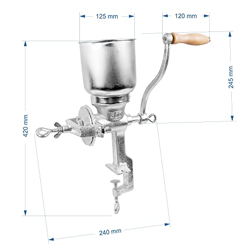 Browin 408500 Molinillo de chatarra manual de 1 kg, molinillo de grano manual con tolva alta para moler malta en cerveza, harina a pan, maíz y guisantes plata