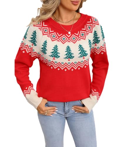 Image of Women’s Autumn/Winter Crew-Neck Jumper – Premium Leaf-Motif Knit Sweater in Cream & Orange | Cozy Long-Sleeve Knitwear for UK, Ladies Winter Holiday Jumper (B, L/XL)