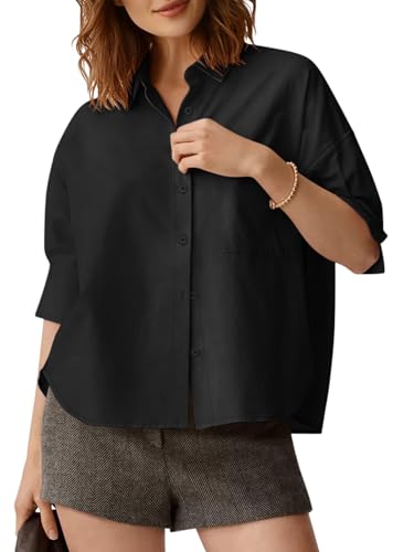 MAOECO Womens Cropped Button Down Shirt Half Sleeve Business Casual Blouse Tops Summer Collared High Low Shirts with Pocket Black