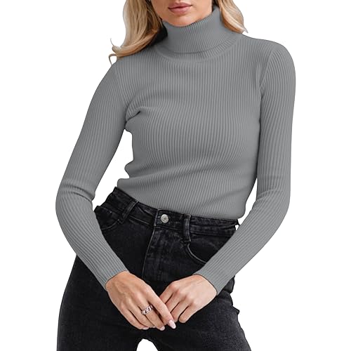 Image of TICIFEN Women Turtleneck Knit Sweaters Basic Casual Long Sleeve Shirts Slim Fit Thermal Underwear Tops Soft Rib Sweater Tee