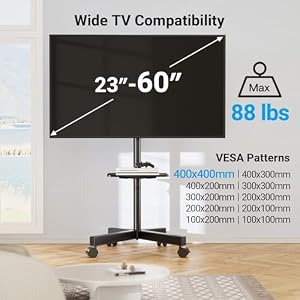 PERLESMITH Rolling TV Stand, Mobile TV Stand for 23-60 Inch LCD LED TVs, Tilt TV Stand Wheels Holds up to 88Lbs, Portable TV Stand for Bedroom with Shelf, Outdoor TV Stand Max VESA 400x400mm PSTVMC06 — photo 5 of 6
