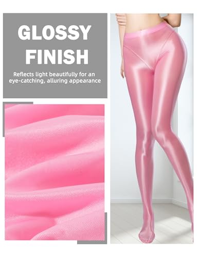 Image of FEOYA Women's Open Crotch Oil Shiny Pantyhose High Waist Control Top Silky Oily Crotchless Footed Tights Stockings