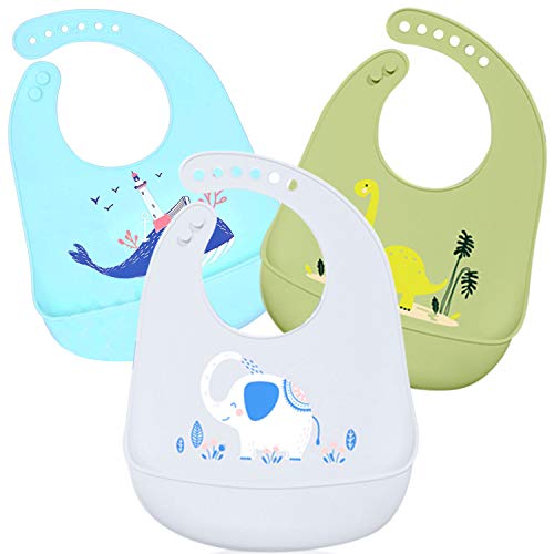 Baberos para Bebés Impermeables, 3 Pack Súper Suave Baberos Ajustable Animal Silicona con un Amplio Bolsillo para Niñas y Niños Recolector Migas de Alimentos (Azul/Gris|/Verde)