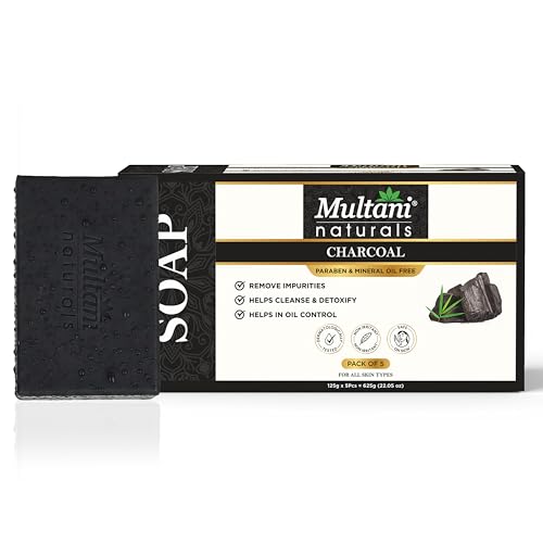 Image of Multani Natural Charcoal Soap For Oily Skin - 125 gm (Pack Of 5) | For Blackheads & Acne Prevention | For Deep Cleansing & Glow | Paraben Free | Clinically Tested | For All Skin Types | Glycerin Soap Bar For Men & Women