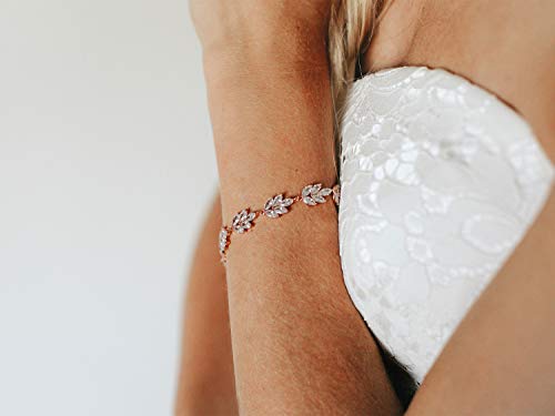 Sweetv Rose Gold Bracelet Wedding Bridal For Brides,Bridesmaid-Crystal Cubic Zirconia Bracelet Leaf Vine Vintage Style #TOP4