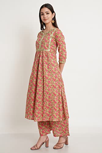 Image of Amazon Brand - Anarva Jaipuri Cotton Printed Straight Kurta with Palazzos Set for Women