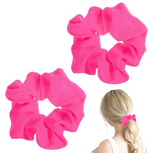 Hot Pink Scrunchie 2PCS Neon Scrunchie 80s Hair Accessories for Women Girl Solid Colors Elastic Hair Ponytail Holder for Party Outfits Workout Costumes and Ponytail Styling (Pink)
