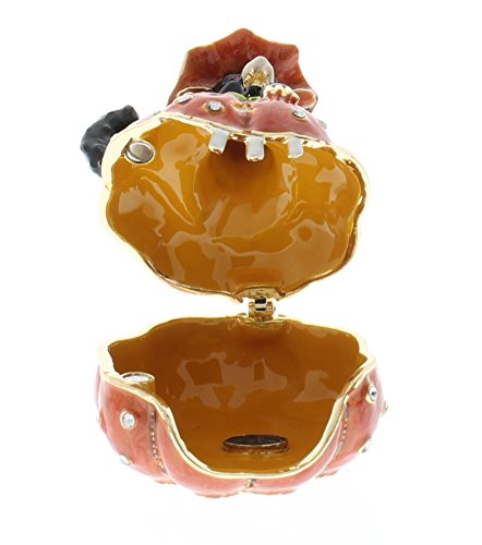 Halloween Cat With Pumpkin Trinket Box, Clear Swarovski Crystal, Hand Painted Orange Black Enamel Over Pewter, Inside Of Box With Lovely Enamel, L 2.25 X H 2.75 X W 2.25 #TOP5