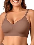 OEAK Womens Comfortable Bra Push Up Bras Wireless Support Lift Brassiere V Neck Full Coverage Everyday Seamless Tshirt Bras Coffee M