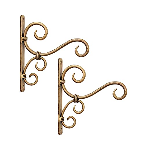 Image of Wall Hanging Brackets - Classic Pack of 2 Golden Metal Plant Hanger Hooks for Bird Feeders, Planters, Wind Chimes & Lights | Indoor & Outdoor Balcony Decor (6 x 1 x 7 in)