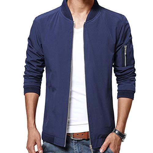 LTIFONE Mens Casual Jacket Zip Up Lightweight Bomber Flight Sportswear Jacket Windbreaker Softshell with Ribbing Edge(Blue,L)