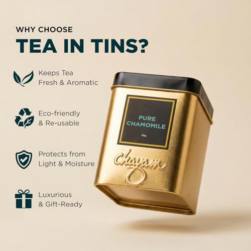 Image of CHAYAM Chamomile Infusion - 30g Loose Tea | Pure Whole Chamomile Flowers Dried | Calming Bedtime Herbal Infusion | For Sleep & Stress Relief | Caffeine-Free | Premium Tin Caddy | Herbal Infusion