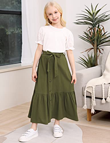 Image of Maxi Skorts Skirt for Girls Button Front High Waisted Long Skirt with Belt Ruffled Skirts with Pocket 3-12Years