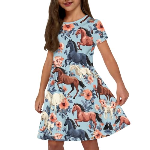 Image of Girls Dress with Pockets Basic Short Sleeve High Waist Swing Skater Dress School Party Dress for Kids