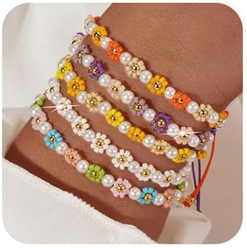 Boho Colorful Flower 5Pcs Stack Gold Plated Seed Bead Bracelets Set for Women, Cute Floral Lucky Rope Freshwater Pearl Adjustable String Jewelry, Spring Summer Wedding Friendship Gift - Image 7