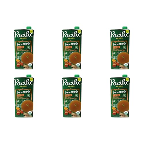 Pacific Foods Organic Chicken Bone Broth With Ginger, Turmeric, and Black Pepper, 32 oz Carton (Pack of 6)