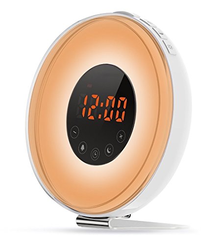 PowerLead Sunrise SMNZ01 Réveil numérique avec 7 Couleurs et 7 Sons, Fonction Snooze et Radio FM, réveil lumière du Jour avec Port USB Cover