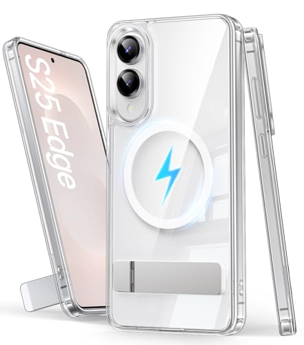 SIXBOX Magnetic for Samsung Galaxy S25 Edge Case Built-in Kickstand [Non-Yellowing] [Compatible with MagSafe] Shockproof Full Body Protective Cover Transparent Phone Case for Galaxy S25 Edge Clear
