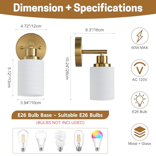 Image of 2-Pack, 1-Light Vanity Lights, Brushed Gold Bathroom Light Fixture with Textured Milky White Glass Shade, E26 Modern Vanity Lighting Fixture for Bathroom Wall Sconce