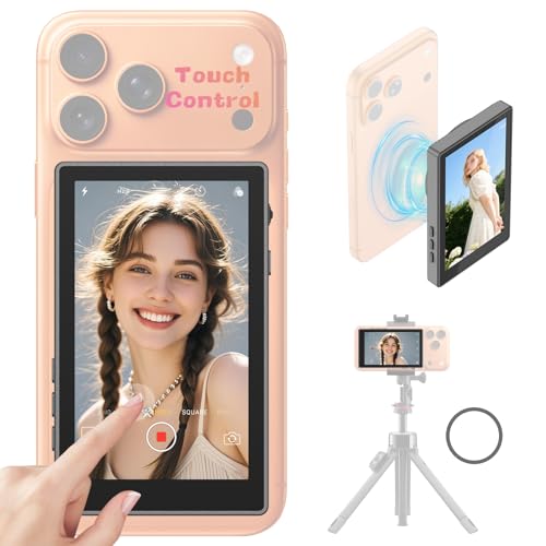 Selfie Monitor Screen Compatible with iPhone 17 and Below & Android, Magnetic Touchscreen Back Camera Vlog Monitor,4K 60fps,164ft Range,1500mAh,Selfie Screen for Vlog Live Stream TikTok YouTube(Black)