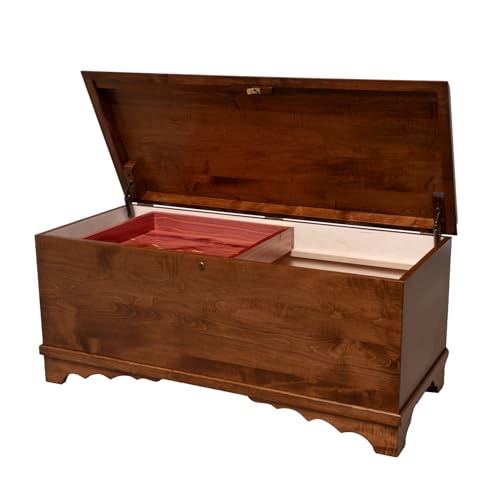 Image of Rustic Red Door Co. Cedar Hope Chest with Waterfall Top and Tray, Amish Made Wooden Storage Trunk Box for Bedroom, Blanket, Clothes, Anti-Slam Hinges and Lock, Brown Maple Wood, Asbury Stain, 36 inch Long