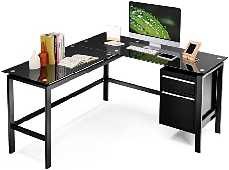 INTERGREAT Black L Shaped Computer Desk for Home Office, 56" Large Glass L Desk with Storage Drawers, Corner Study Modern Table for Writing PC Laptop Gaming Workstation (Metal Steel)