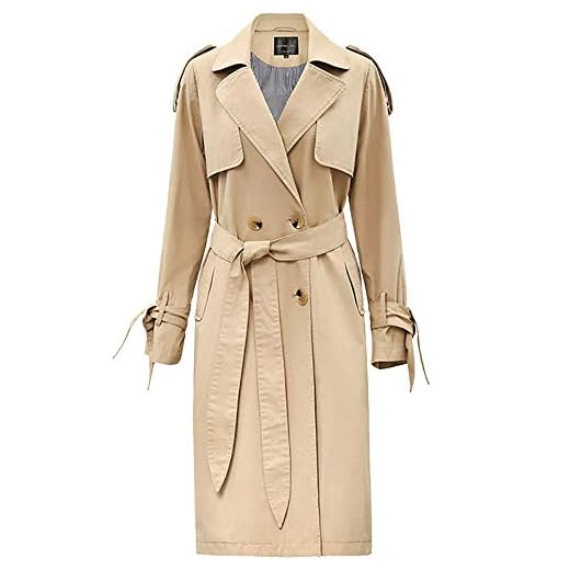 YOURUOMEI Lång kjol vindjacka dam, vår tunn dubbel bröstad trenchcoat chic överrock kvinnor, beige, XL