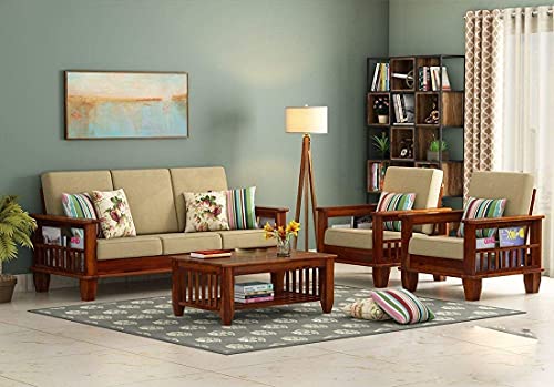 Image of Sheesham Wood 5 Seater Sofa Set for Living Room Furniture 3+1+1 Wooden Guest Room Sofa Set (Honey Finish)