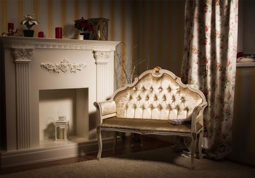 Vintage Fireplace Interior Backdrop Elegant Settee Floral Curtain Cozy Background for Classic Party Decorations Tapestry Living Room Wall Hanging Photo Booth Studio Props 4X4ft Fabric