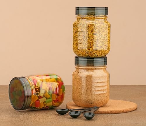 Image of Plastic Pet Storage Jar Set (750ml) with Spoons, Air-tight, Design - Kitchen Container (BLACK 3)