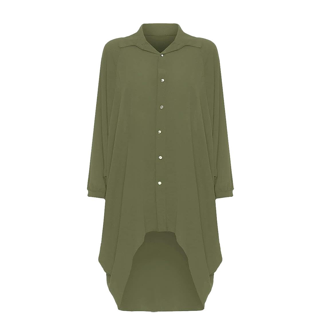 Womens Dip Hem High Low Button Collar Shirt Ladies Long Sleeve Hi Lo Dress Top Fancy Party Wear Blouse Plus Size Flowing Tunic Asymmetric Hem Stylish Evening Casual Fashion UK 8-26 Khaki