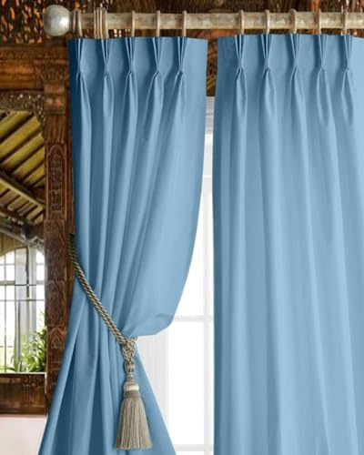 Image of Triple Pinch Pleated Blackout Curtains Thermal Insulated Room Darkening Curtains for Bedroom /Livingroom Pack of 2 Panels, Tiebacks, Hooks (Aqua Blue)