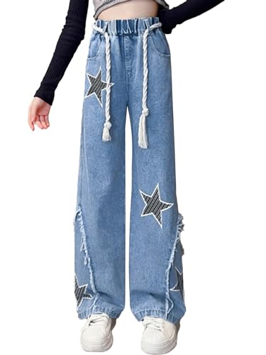 ACSUSS Kids Girls Jeans Stars Shape Denim Pants Elastic Waist Wide Leg Jeans Summer Casual Jeans