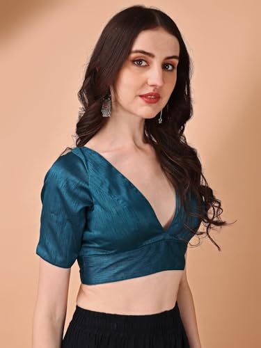 Image of Womanista Women's Dupion Silk Half Sleeve Solid V Neck Readymade Saree Blouse Stylish