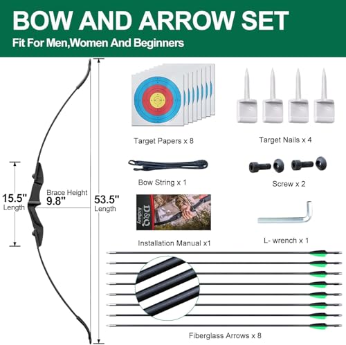 Recurve-Bogen-Set mit 8 Pfeilen, 30-40 lb Bogenschießen-Takedown-Bogen für Rechts- und Linkshänder, Anfänger bis Erwachsene (schwarz, Beidhändig, 30, Pfund)