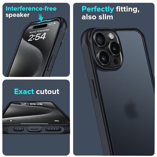 Image of SQUIF Compatible with iPhone 15 Pro Case Translucent Matte Hard Back Cover with Camera and Screen Protection (Black)