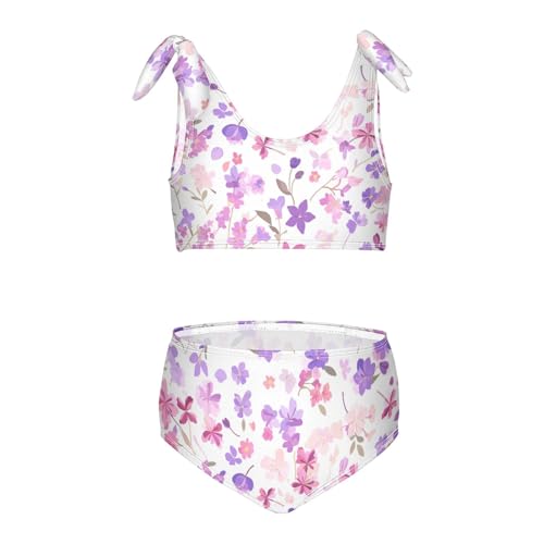 KLL Lilac and Pink Flowers Girl 2 Piece Bikini Sets Beach Bathing Suit Swimming Suits Cute Shoulder Strap