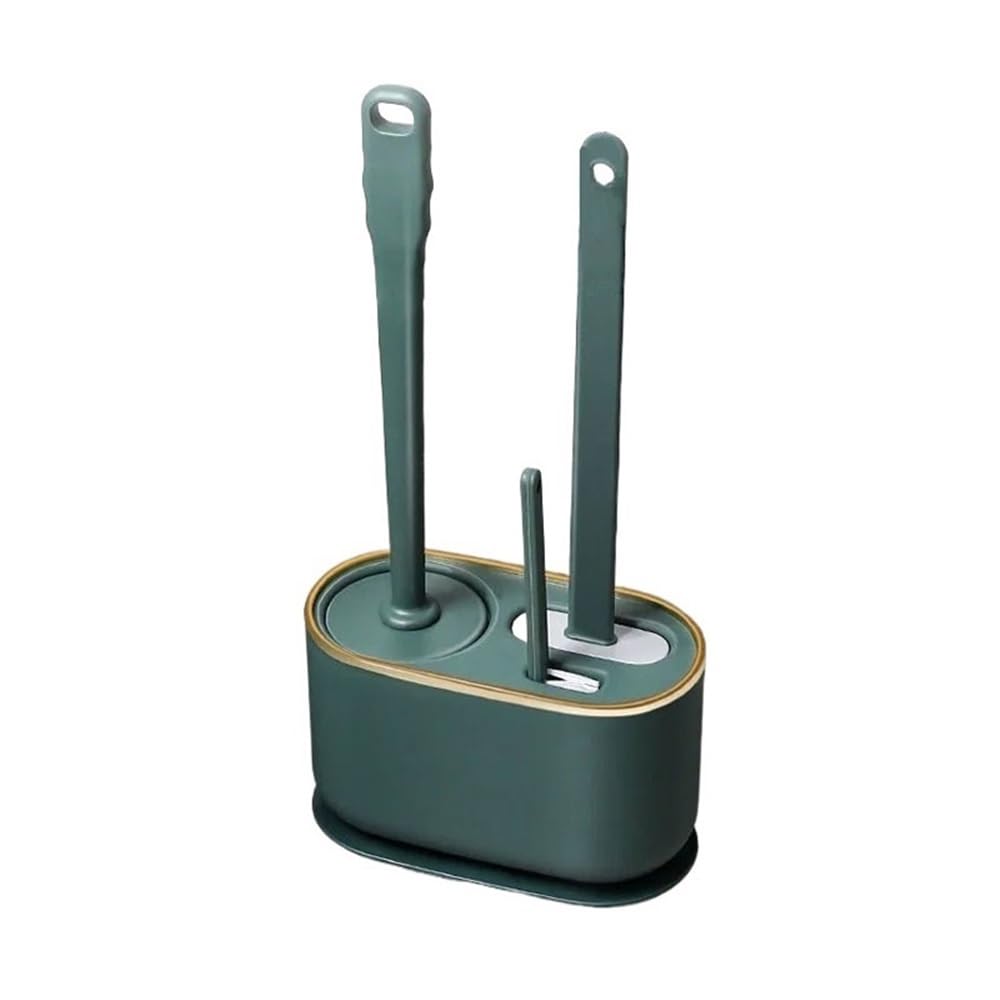 Long-Handle Wall Mounted Multi Functional Three Piece Thermoplastic Rubber Toilet Brush with Bracket for Toilet(Green)