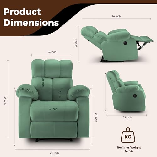 Image of Little NAP Helios Soft Suede Fabric Single Motorized Standard Recliner | Padded 1 Seater Aaram Sofa | Relaxing Chair for Home Office Living Bed Room | Green