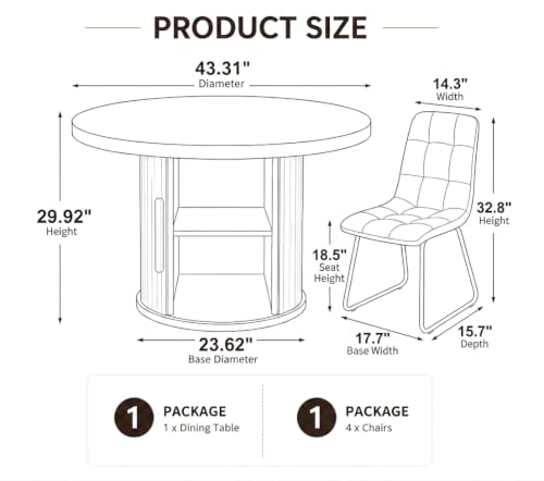 Image of Modern Round Dining Table Set for 4, 43.3 inch Walnut Wood Kitchen Table with 4 Black PU Leather Chairs, Mid-Century Circular Dinner Table with Heavy-Duty Iron Pedestal Base, Small Space Furniture