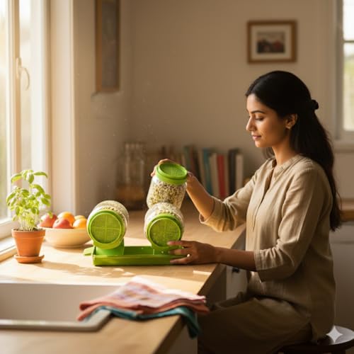 Image of Rellon Sprout Maker Glass Jar Seed Sprouting Kit, 2 Large Wide Mouth Mason Jars with Sprout Lids, Drain Tray, Sprouts Growing Kit for Seeds Dal Channa CholeOrganic Sprouting Jar(750Ml) (PACK OF 2)