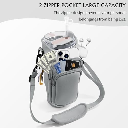 Image of Water Bottle Carrier Bag with Phone Pocket for Stanley Cup 40 /30 oz, Water Bottle Holder with Adjustable Strap& Straw Cover, Stanley Cup Accessories (Grey)