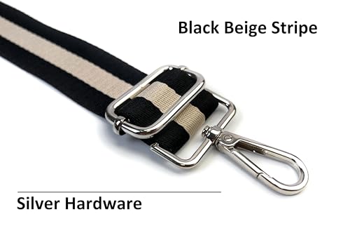 Image of Classic Black Beige Stripe Purse Strap with Silver Hardware 1-1 /2 Inch Wide Replacement Crossbody Guitar Style Shoulder Strap for Handbags Totes