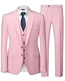 YND Men's 3 Piece Suit Set with Tie, 2 Button Slim Fit Solid Blazer Jacket Vest Pants, Business Wedding Party Suits for Men, Light Pink